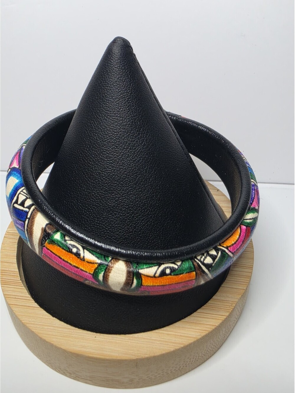 Vintage Mayan Leather Bangle Hand Painted Tribal Mask eye Design Bracelet